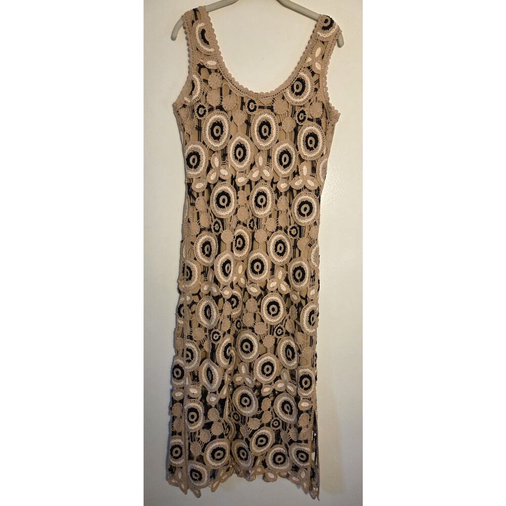 Boston Proper Crochet Long Maxi Tank Dress Size Small Tan Black Lined Pullover